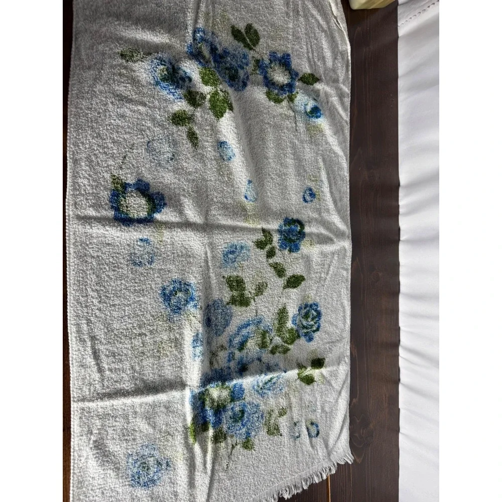 Vintage Blue Rose Floral Cotton Hand Towel Fringe Made in USA 22x41